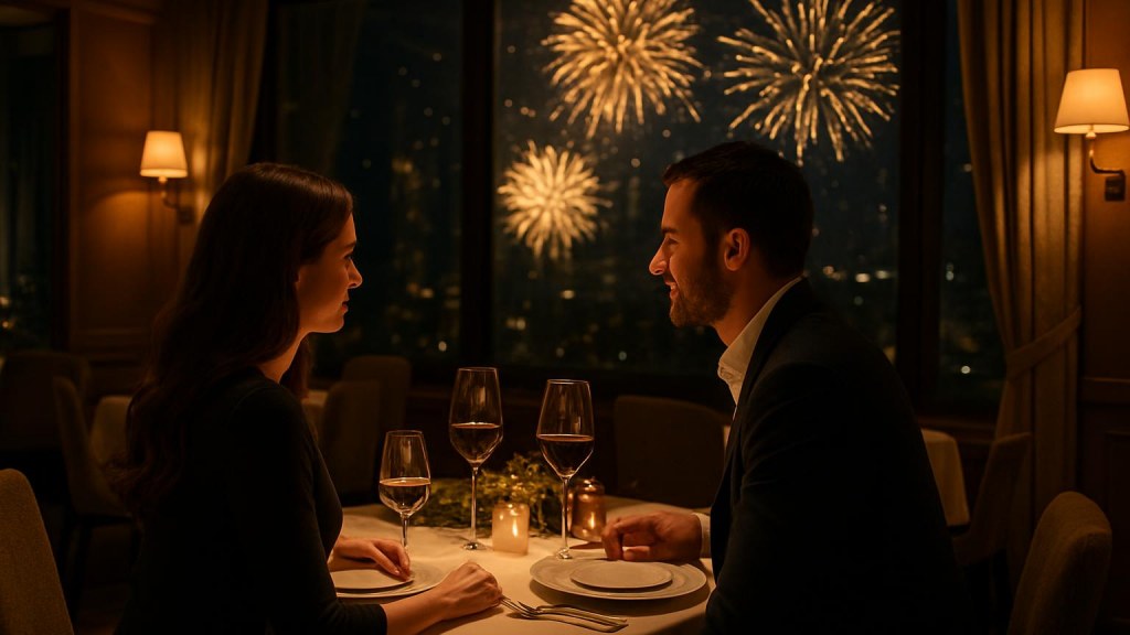 Coppia durante una cena romantica di Capodanno