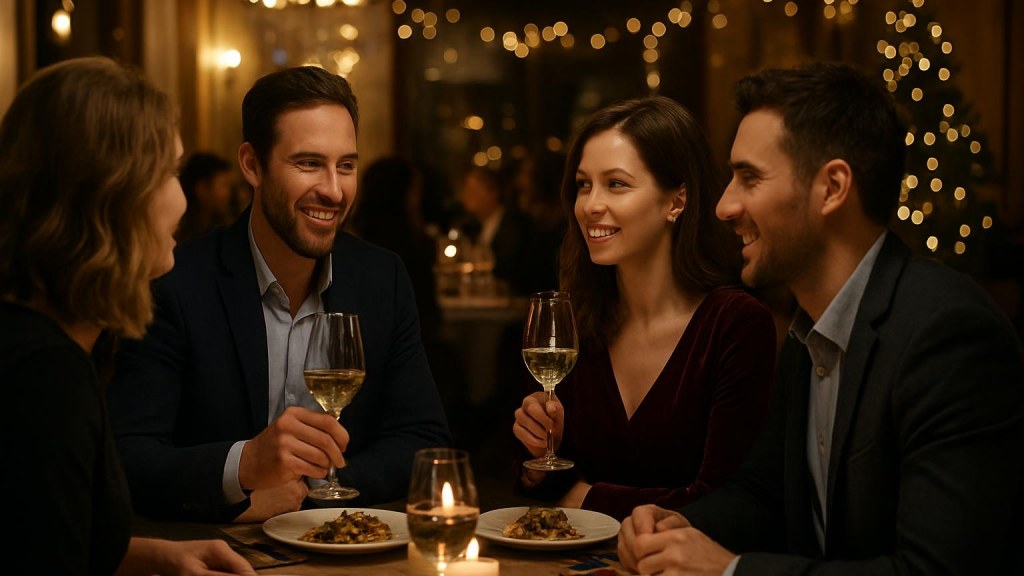Gruppo di adulti in contesto conviviale per Capodanno